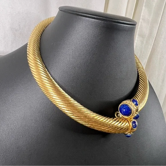 Vintage Givenchy 18k Gold Plated Torque Necklace w/ Glass Stones & Rhinestones - Picture 14 of 16